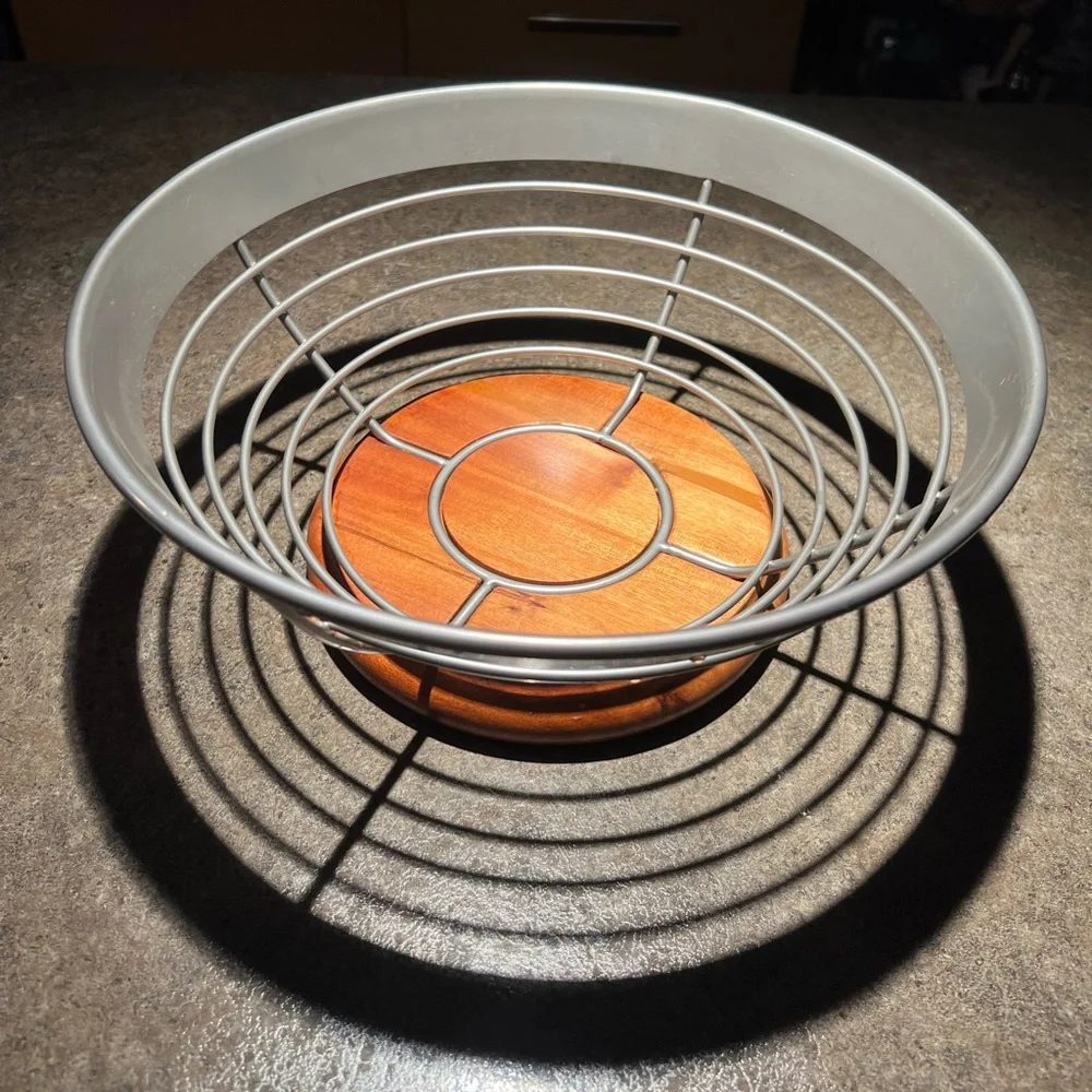 Silver Wire Fruit Basket with Wooden Base